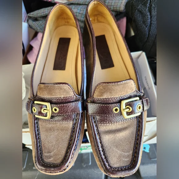 Coach Brown Leather Loafers with Gold Buckle - Picture 1 of 3